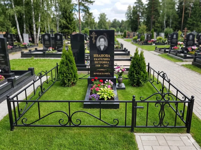 Зелёный газон на могильном участке в Омске