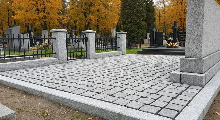 Благоустройство захоронений в Омске — мощение гранитной плиткой, цоколь и ограда на ухоженном участке