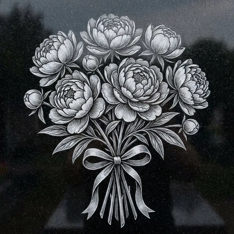 Букет пионов — гравировка на памятник в Омске