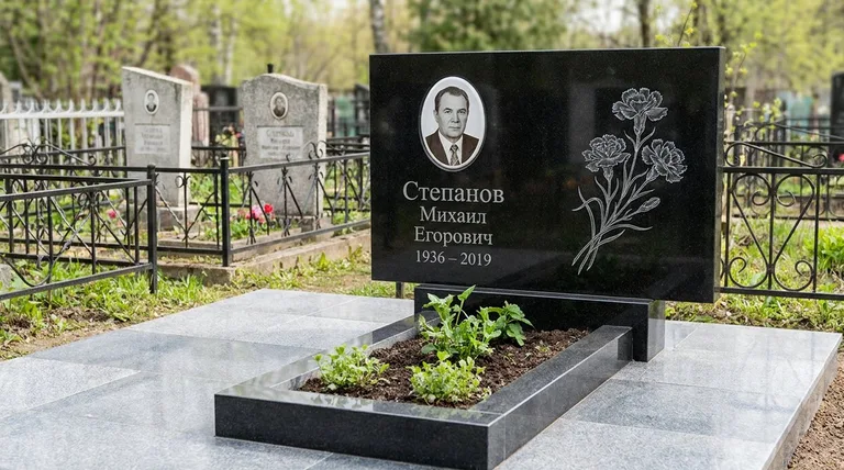 Памятник с гравировкой гвоздик — выполненная работа «Степанов» в Омске