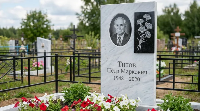 Памятник с гравировкой гвоздик — выполненная работа «Титов» в Омске
