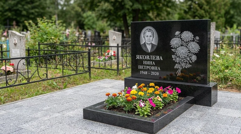 Гравировка хризантем на памятник в Омске — пример работы на граните