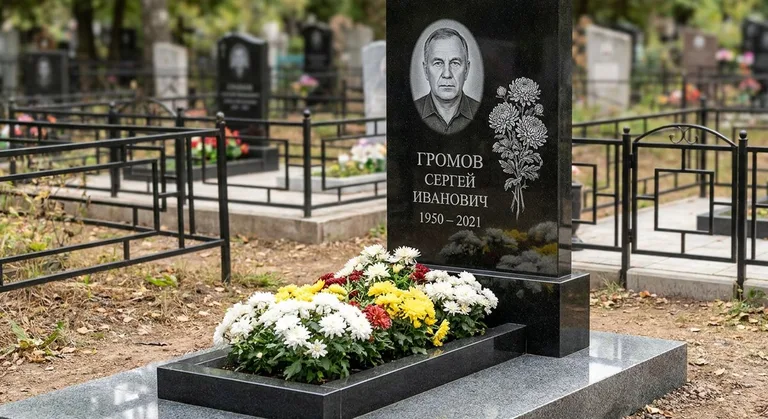 Памятник с гравировкой хризантем — выполненная работа «Громов» в Омске