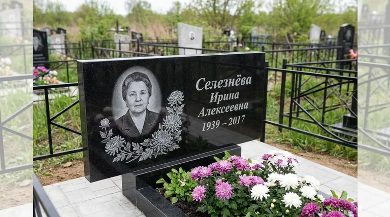 Памятник с гравировкой хризантем — выполненная работа «Селезнёва» в Омске
