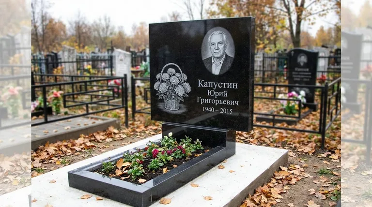 Памятник с гравировкой хризантем — выполненная работа «Капустин» в Омске
