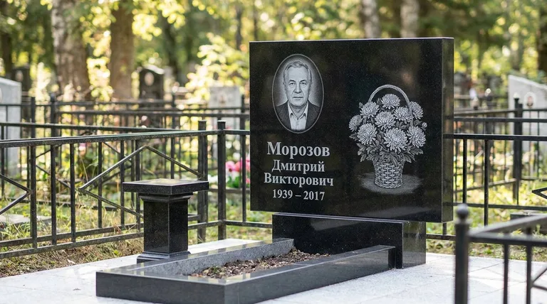 Памятник с гравировкой хризантем — выполненная работа «Морозов» в Омске