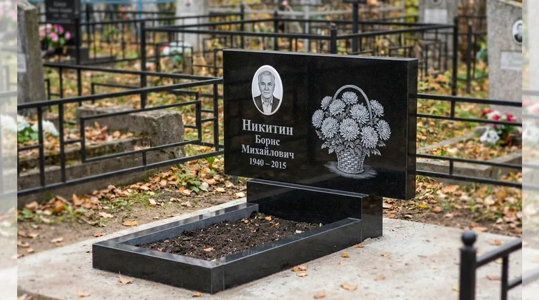 Памятник с гравировкой хризантем — выполненная работа «Никитин» в Омске