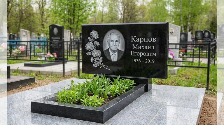 Памятник с гравировкой хризантем — выполненная работа «Карпов» в Омске