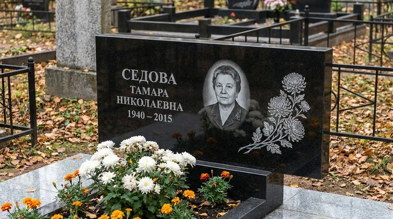Памятник с гравировкой хризантем — выполненная работа «Седова» в Омске