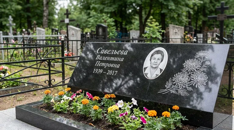 Памятник с гравировкой хризантем — выполненная работа «Савельева» в Омске