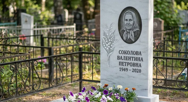 Памятник с гравировкой ландышей — выполненная работа «Соколова» в Омске