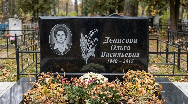 Памятник с гравировкой ландышей — выполненная работа «Денисова» в Омске