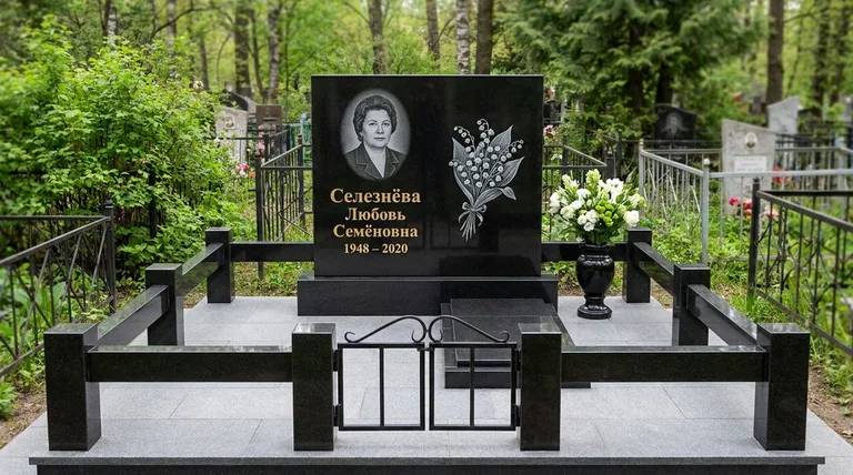 Памятник с гравировкой ландышей — выполненная работа «Селезнёва» в Омске