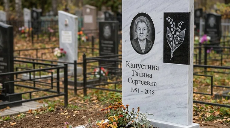 Памятник с гравировкой ландышей — выполненная работа «Капустина» в Омске