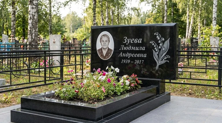 Памятник с гравировкой ландышей — выполненная работа «Зуева» в Омске