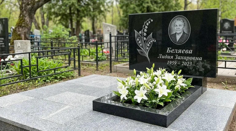 Памятник с гравировкой ландышей — выполненная работа «Беляева» в Омске