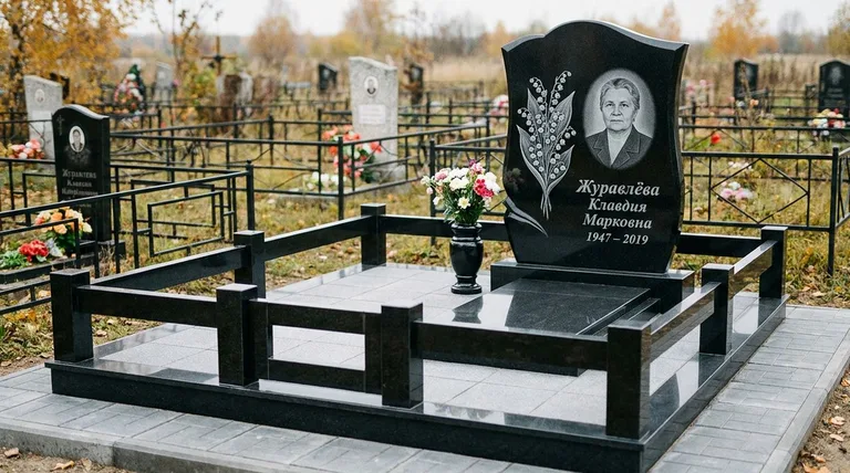 Памятник с гравировкой ландышей — выполненная работа «Журавлёва» в Омске