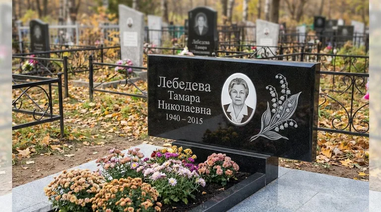 Памятник с гравировкой ландышей — выполненная работа «Лебедева» в Омске