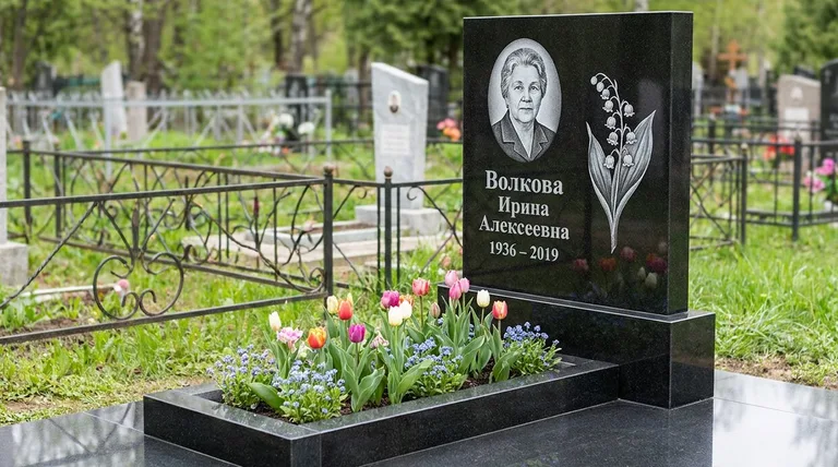 Памятник с гравировкой ландышей — выполненная работа «Волкова» в Омске
