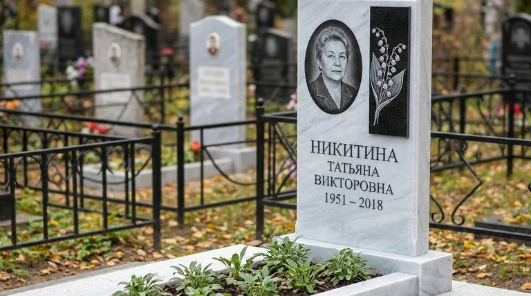 Памятник с гравировкой ландышей — выполненная работа «Никитина» в Омске