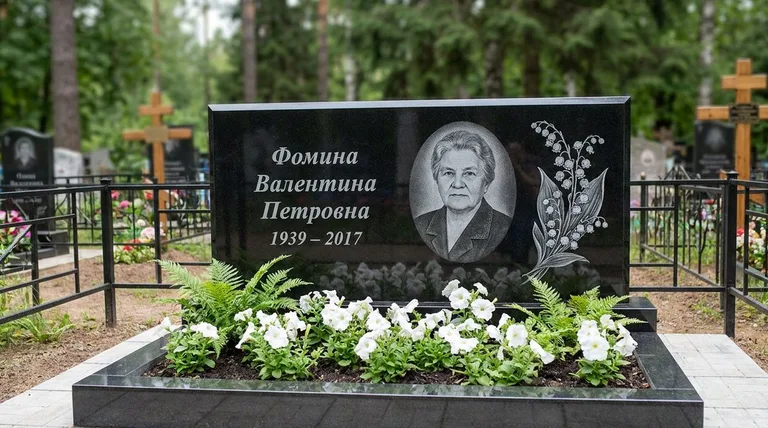 Памятник с гравировкой ландышей — выполненная работа «Фомина» в Омске