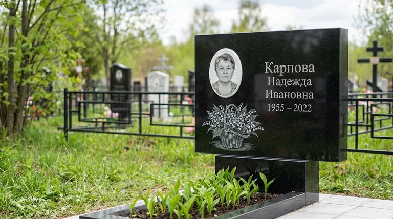 Памятник с гравировкой ландышей — выполненная работа «Карпова» в Омске