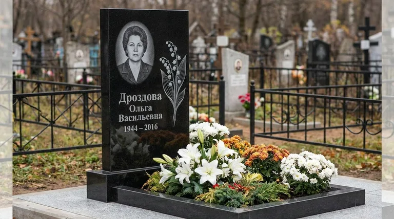 Памятник с гравировкой ландышей — выполненная работа «Дроздова» в Омске
