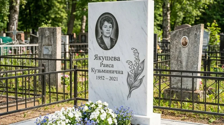 Памятник с гравировкой ландышей — выполненная работа «Якушева» в Омске