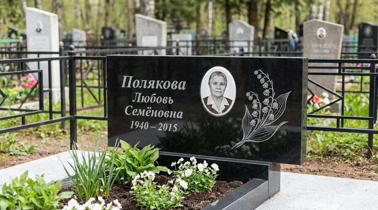 Памятник с гравировкой ландышей — выполненная работа «Полякова» в Омске