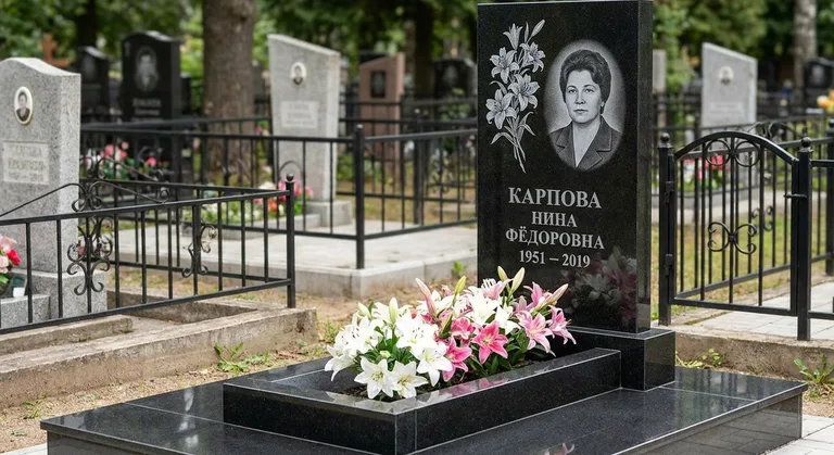Памятник с гравировкой лилий — выполненная работа «Карпова» в Омске