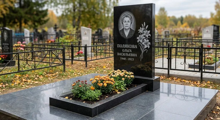 Памятник с гравировкой лилий — выполненная работа «Полякова» в Омске