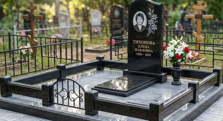 Памятник с гравировкой лилий — выполненная работа «Тихонова» в Омске