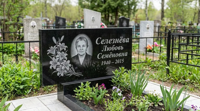 Памятник с гравировкой лилий — выполненная работа «Селезнёва» в Омске