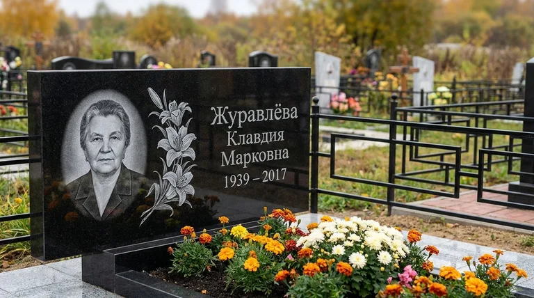 Памятник с гравировкой лилий — выполненная работа «Журавлёва» в Омске
