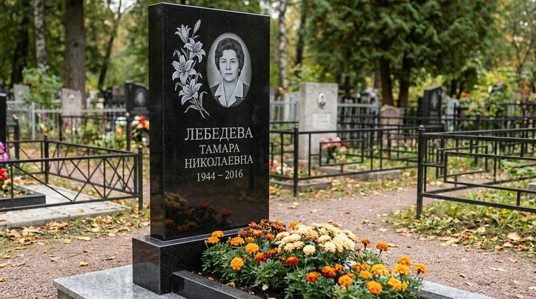 Памятник с гравировкой лилий — выполненная работа «Лебедева» в Омске