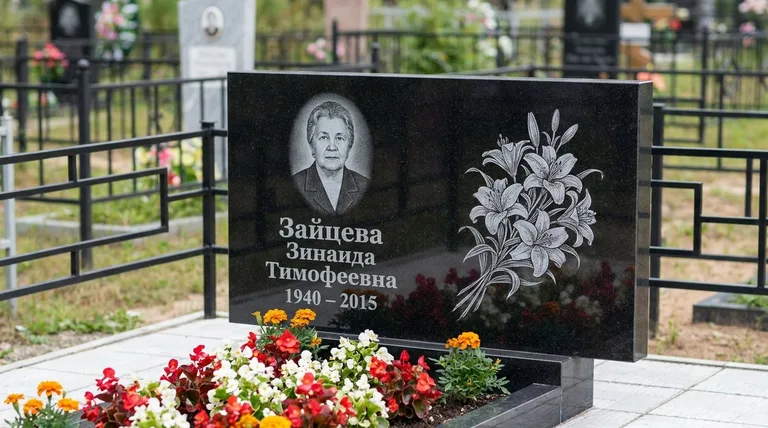 Памятник с гравировкой лилий — выполненная работа «Зайцева» в Омске