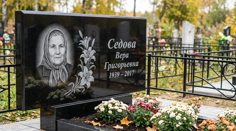 Памятник с гравировкой лилий — выполненная работа «Седова» в Омске