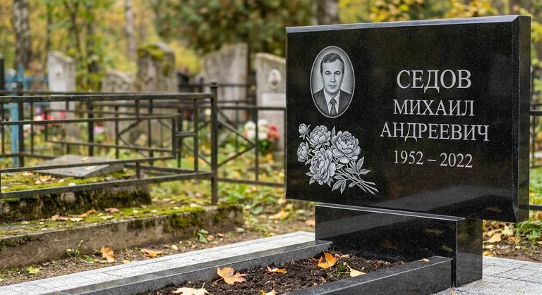 Гравировка пионов на памятник в Омске — пример работы на граните