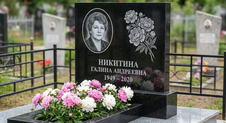 Памятник с гравировкой пионов — выполненная работа «Никитина» в Омске