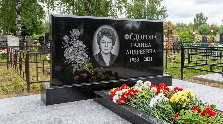 Памятник с гравировкой пионов — выполненная работа «Фёдорова» в Омске