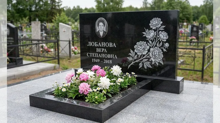 Памятник с гравировкой пионов — выполненная работа «Лобанова» в Омске