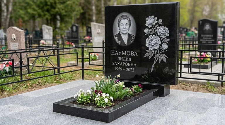 Памятник с гравировкой пионов — выполненная работа «Наумова» в Омске