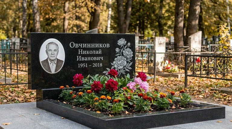 Памятник с гравировкой пионов — выполненная работа «Овчинников» в Омске