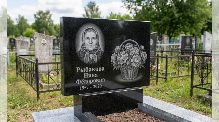Памятник с гравировкой пионов — выполненная работа «Рыбакова» в Омске