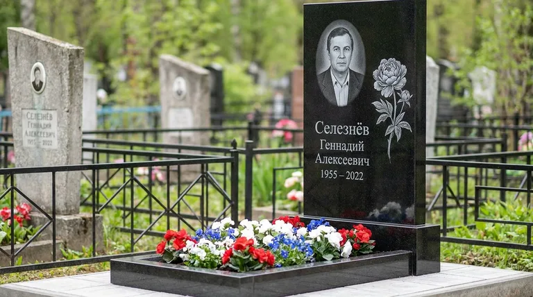 Памятник с гравировкой пионов — выполненная работа «Селезнёв» в Омске