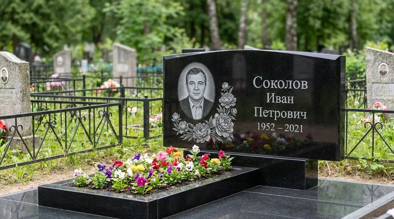 Памятник с гравировкой пионов — выполненная работа «Соколов» в Омске