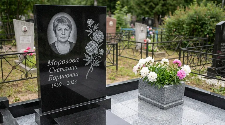 Памятник с гравировкой пионов — выполненная работа «Морозова» в Омске