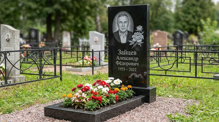 Памятник с гравировкой пионов — выполненная работа «Зайцев» в Омске
