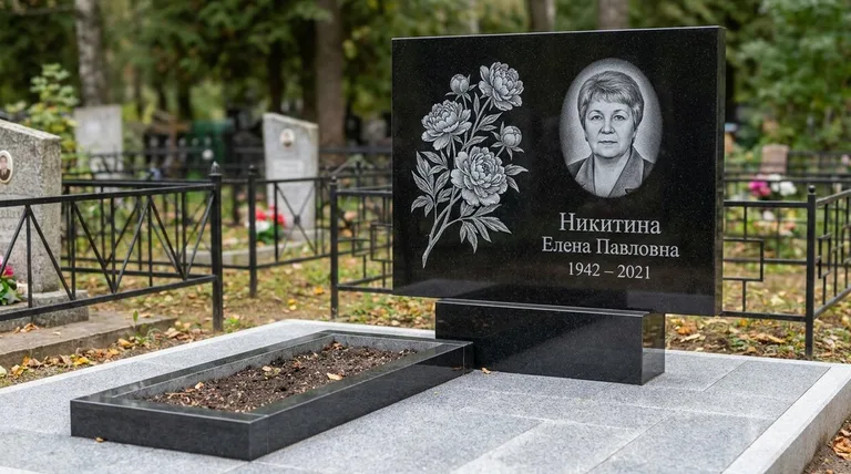 Памятник с гравировкой пионов — выполненная работа «Никитина» в Омске