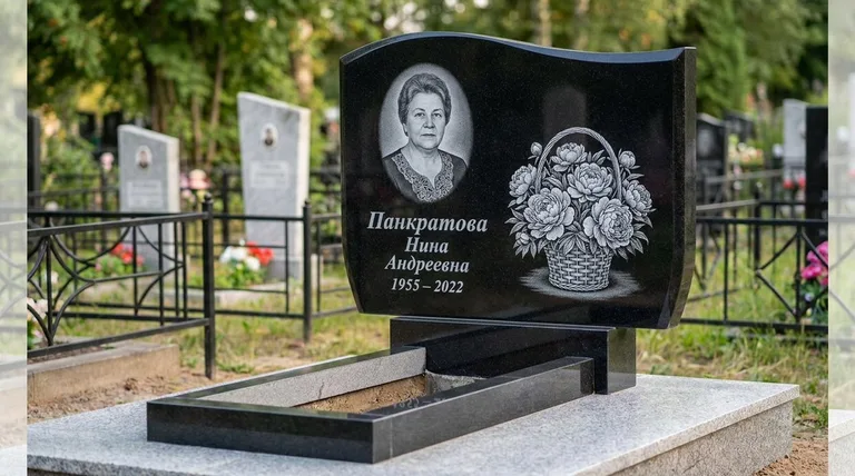 Памятник с гравировкой пионов — выполненная работа «Панкратова» в Омске